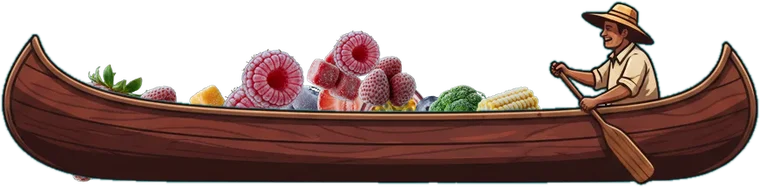 Canoa de madera al estilo del logo, cargada de frutas y verduras congeladas, con el vendedor remando en la popa
