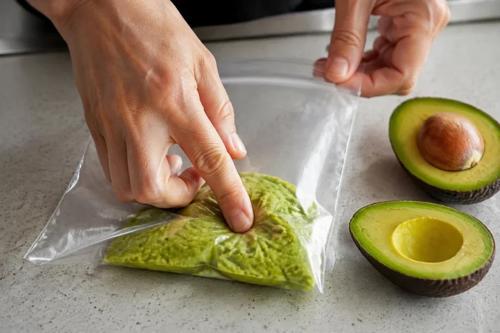 Manos sacando el aire de una bolsa con palta pisada antes de cerrarla