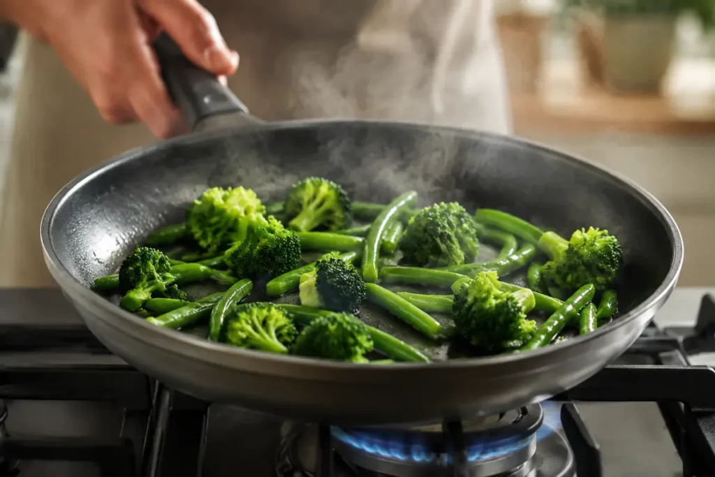 Sartén caliente con brócoli y chauchas separados, soltando vapor