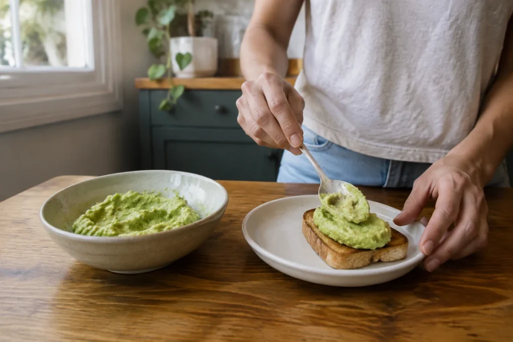 Persona untando palta pisada sobre una tostada en una cocina luminosa