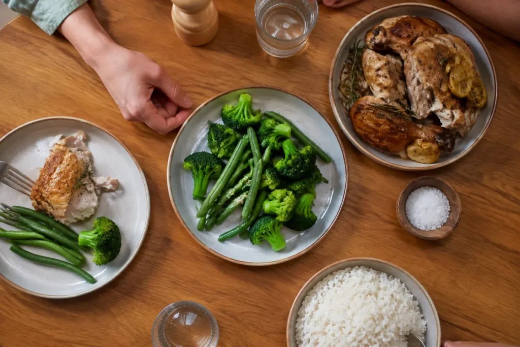 Mesa servida con brócoli y chauchas firmes junto a pollo y arroz